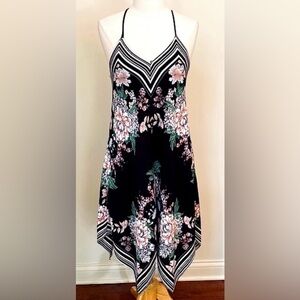 Maurices Black Floral White Striped Halter Hanky Stretch Casual MIDI Dress SZ S